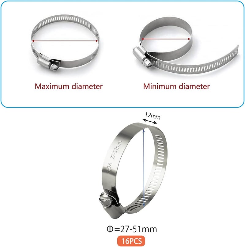 ZIPCCI Hose Clamp, 1-2 Inch Worm Gear Hose Clamps Stainless Steel for Fuel Line, Pipe, Radiator, Tube and Fuel Line, 27-51mm (16pack) - Image 2